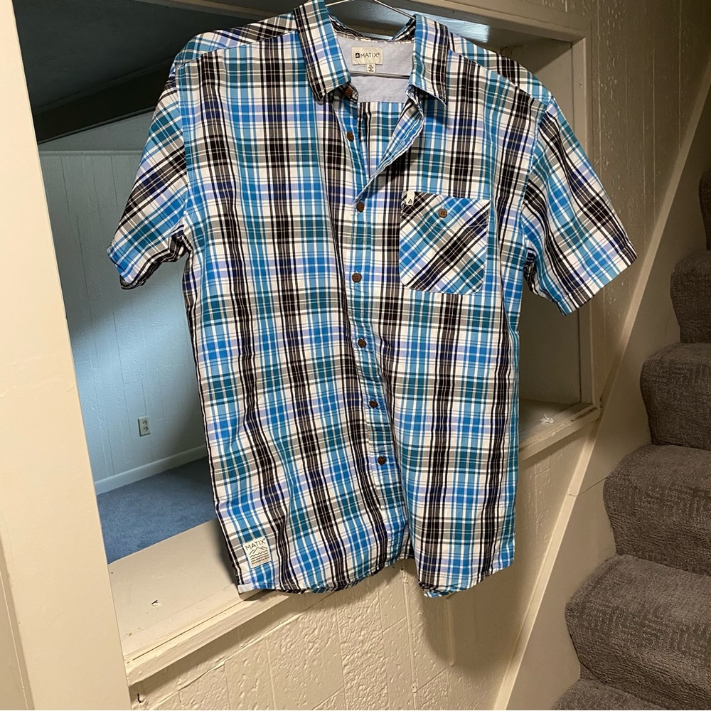 Matix Blue Black Plaid Short Sleeve Button Up Shirt Men’s Size XL
